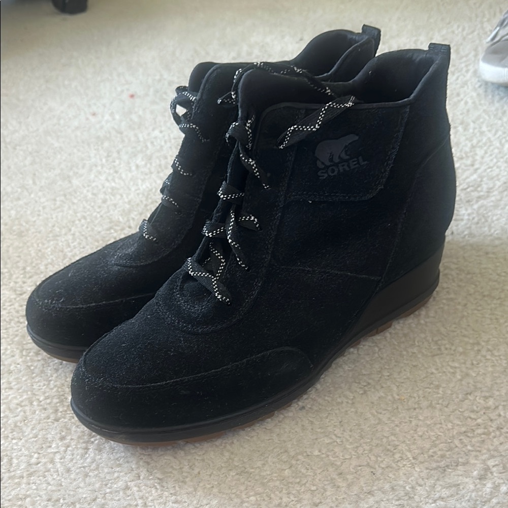 Sorel Black Lace Up Boots with Wedge Heel
